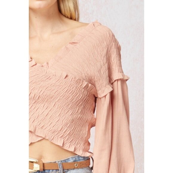 Entro | New Salmon Coral Criss Cross Blouse Cottagecore Country New Large Crop - Picture 4 of 8